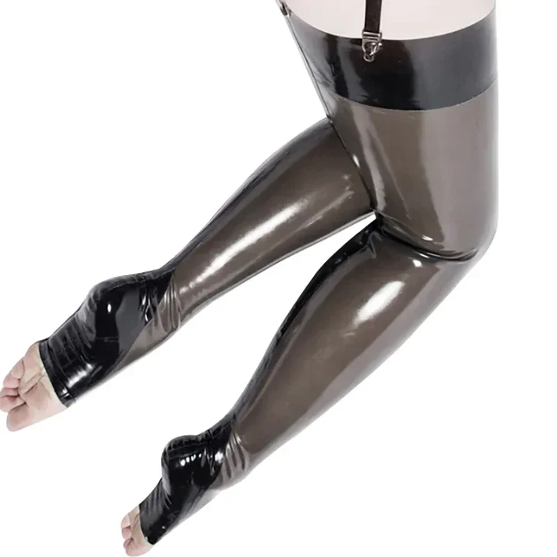 Transparent Black Sexy Long Rubber Latex Thigh High Stockings With Trims Open Toes Feet Cosplay