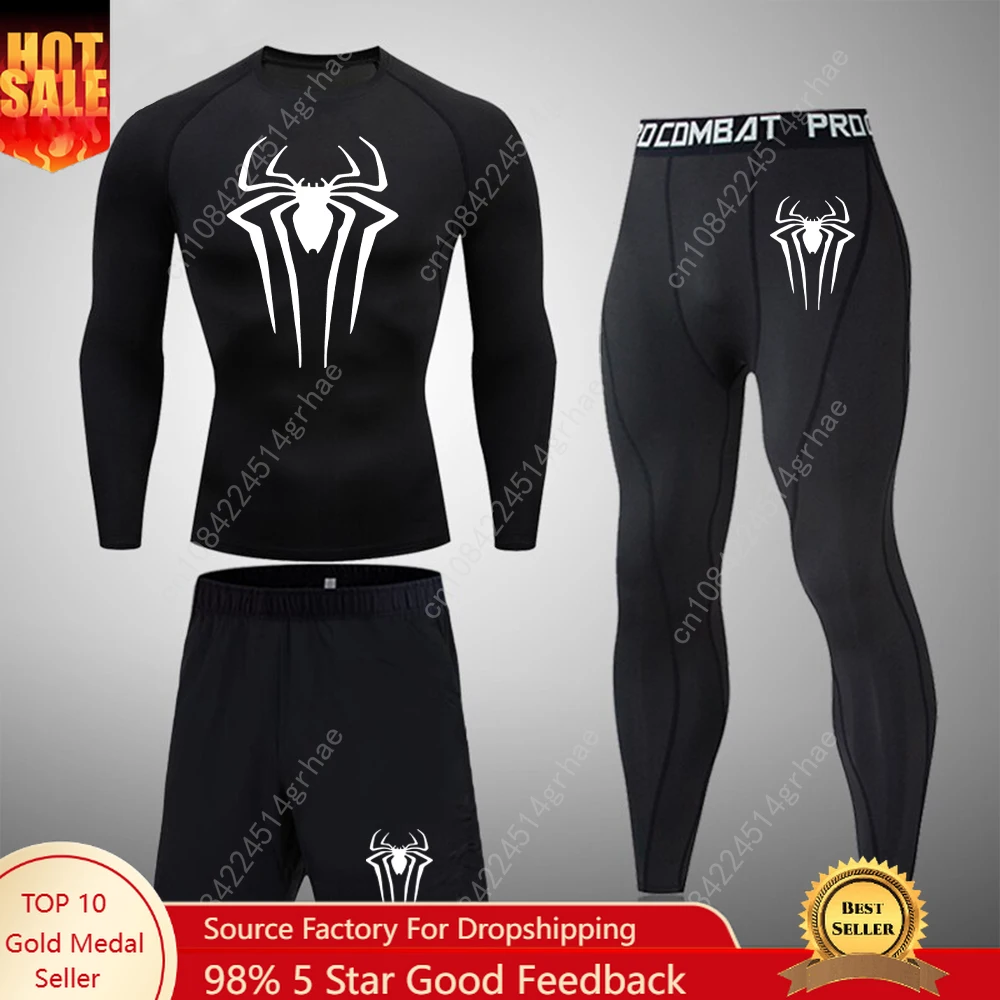 Super Spider Men's Printed Compression Set Long Sleeve Gym Top + Fitness Pants + Athletic Shorts Quick Drying Rash Guard Set