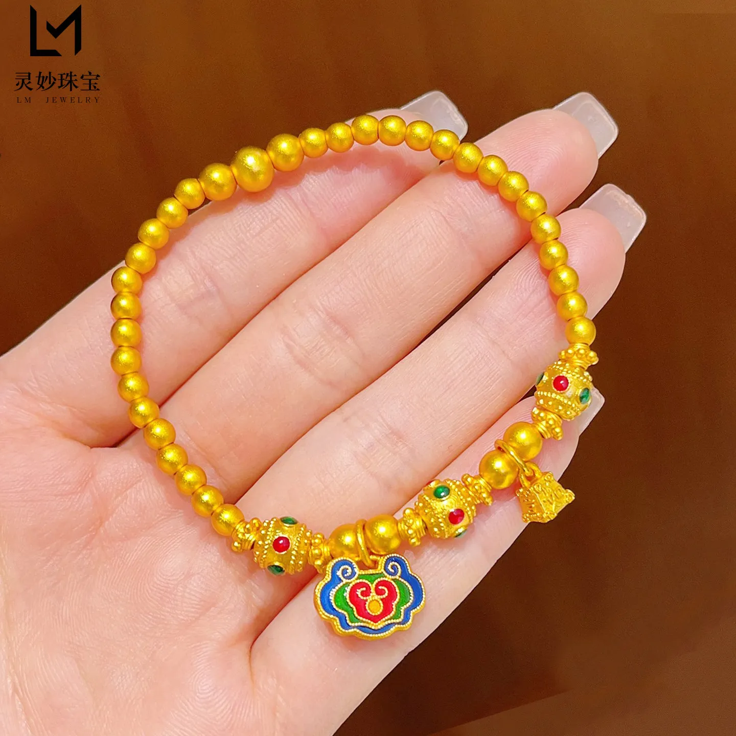 

Solid Gold Enamel Beaded Bracelet Women's 24K Gold AU999 - Weight Bead Design, Enamel Craft, Light Luxury Temperament
