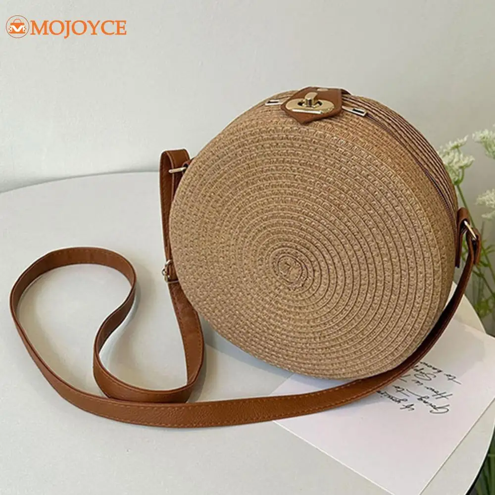 

Women Round Rattan Weaving Bag Handmade Cotton Rope Knitting Crossbody Bag Summer Circular Woven Shoulder Bag Vintage Beach Bag