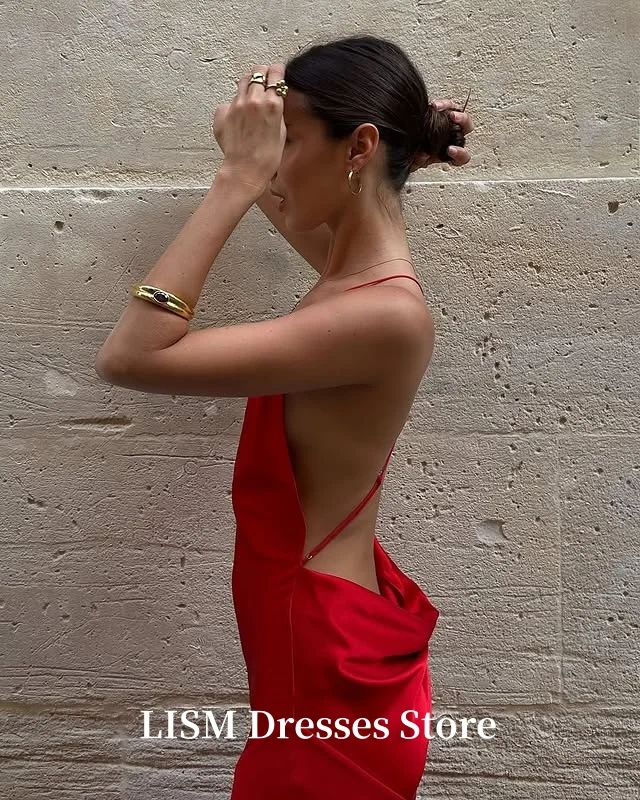 LISM Sexy Rode Zeemeermin Backless Avondjurken V-hals Zijde Satijn Lange Elegante Prom Jurken Aangepast Voor Party robe de soirée