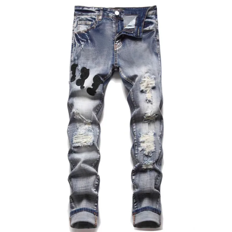 

Hip Hop Ripped Jeans Men's 2025 Autumn New Fashion Hole Slim Pants Vintage Stitching Male Streetwear Denim Pants