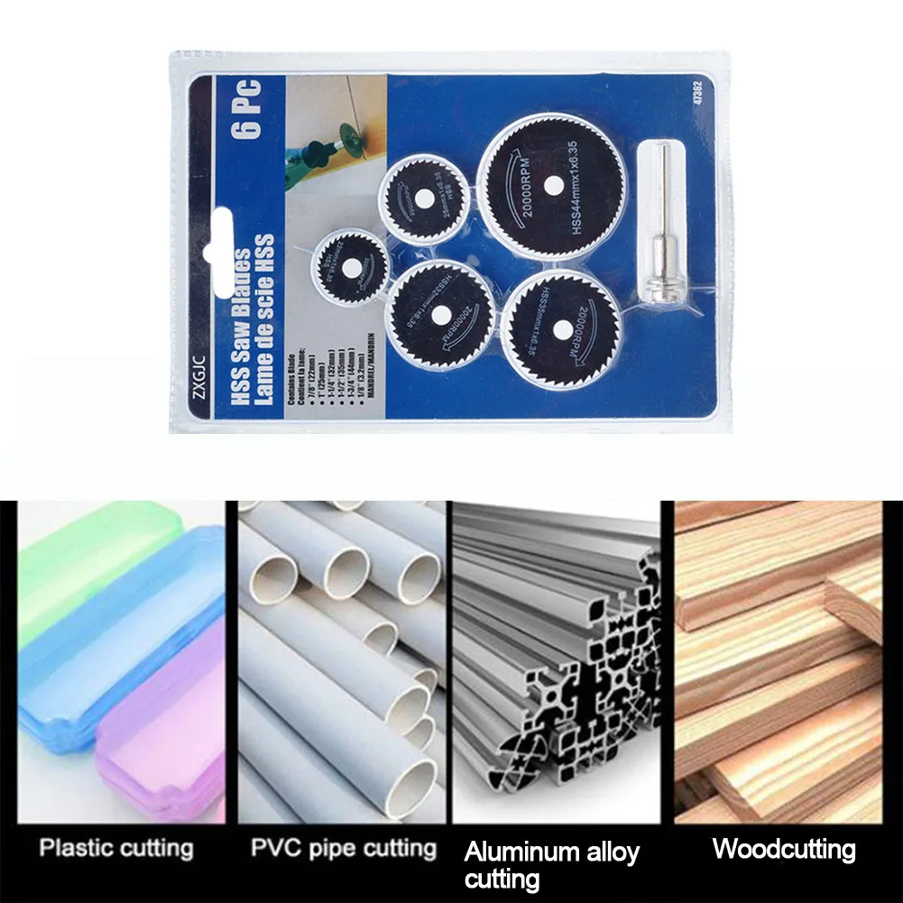 Disco de corte de 6 piezas, hoja de sierra Circular HSS de 22-44mm, 3,2mm, Mandril para latón, madera, plástico, herramienta rotativa de corte, accesorios para amoladora