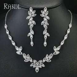 RAKOL Luxury AAA Zircon Jewelry Set Bridal Long Earrings Pendant Necklace Exquisite Bracelet Engagement Wedding Accessories