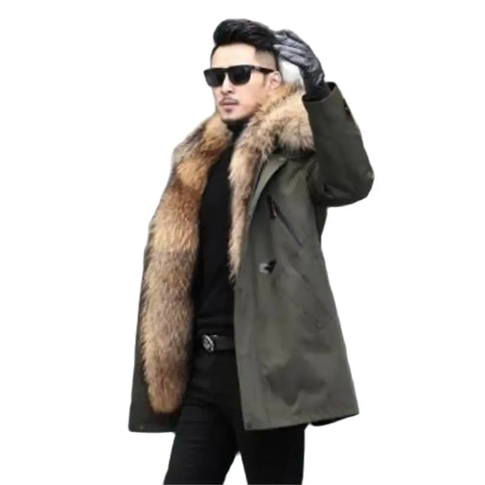 Fox Hair Inner Liner Detachable Collar Long Fur Parkas Fur Jacket  Faux Fur Coat Loose OverCoat Thick Warm Men Plush Coats 5XL