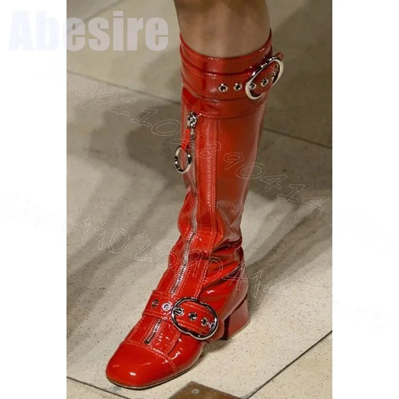 

Purple Square Toe Metal Zipper Buckle Boots Back Zipper Women Shoes Chunky Heels Party Banquet Runway 2025 Zapatos Para Mujere