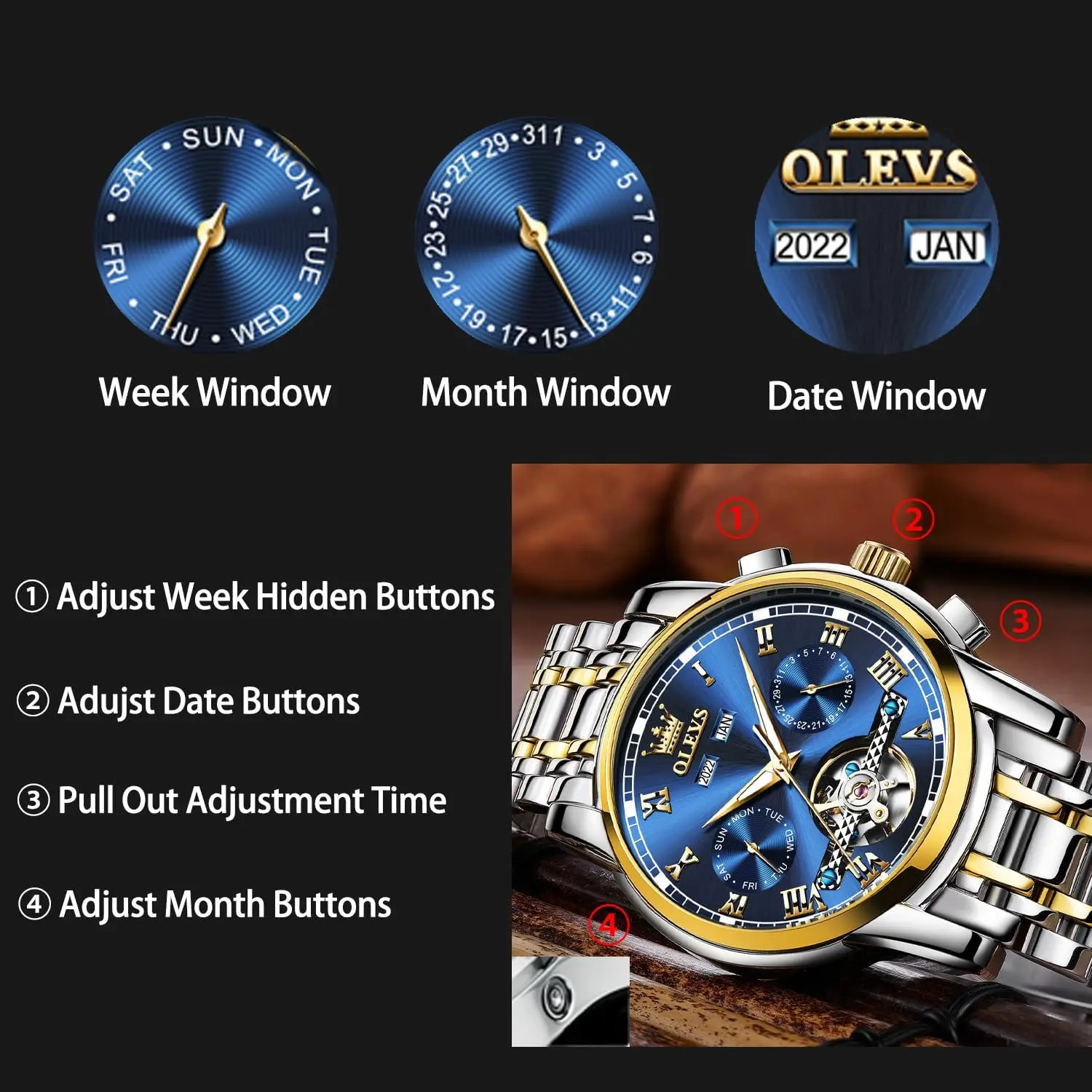 Automatische Herrenuhr mit Automatikaufzug und Skelett-Design, verstellbarem Armband in Schwarz, Blau, Grün – keine Batterie erforderlich