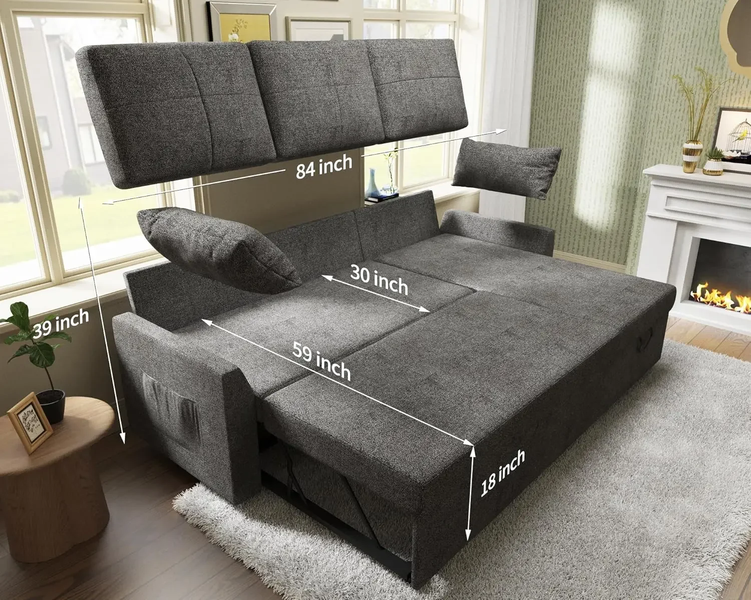 Sofa Bed- 2 in 1 Pull Out Couch Bed with Storage Chaise for Living Room, Sofa Sleeper with Pull Out Bed