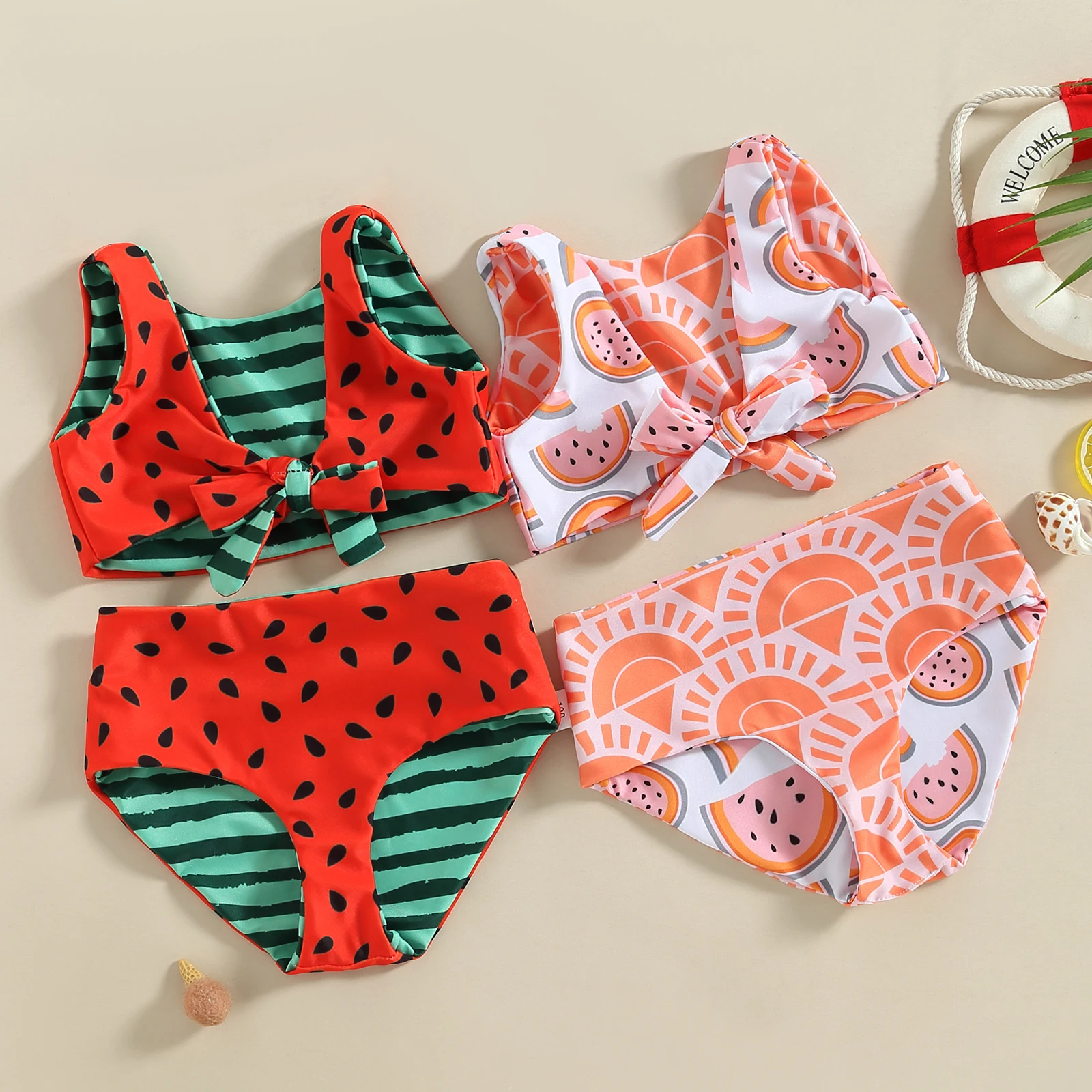 

Kid Girl Bikini Swimsuit Sleeveless V Neck Watermelon Print Summer Beach Girls Swimwear Vest + Briefs 6Months-4Years