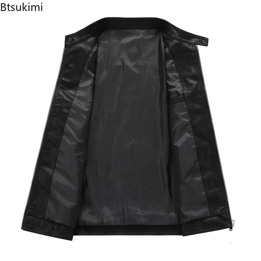 Autumn Winter New Men's Standing Collar Leather Jackets Fashion Slim Motorcycle Cycling Clothes Thicken Fleece PU Leather Coats