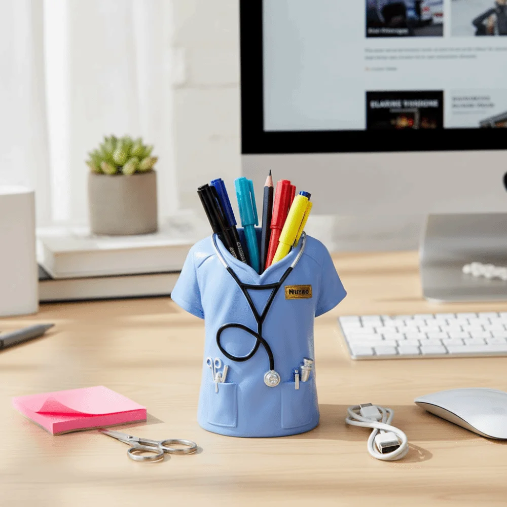 Creative Doctor's Coat-Shaped Pen Holder With Stethoscope Decoration Practical Doctor White Coat Pencil Holder