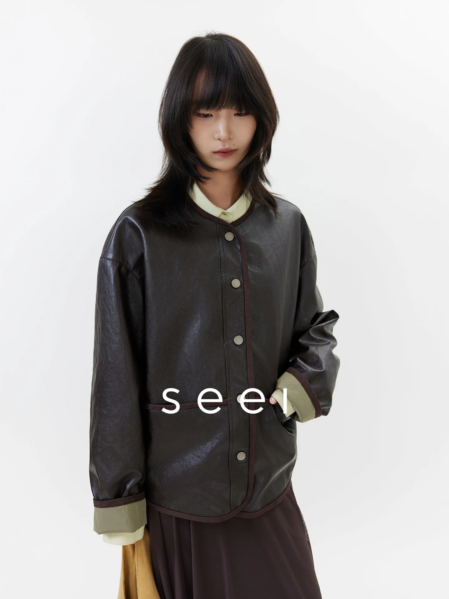 Seei Spring New Two-Sided Wear Environmental Oil Wax Leather round Ne oulder-Drop Suede  Jaet Women Vintage Sle S...