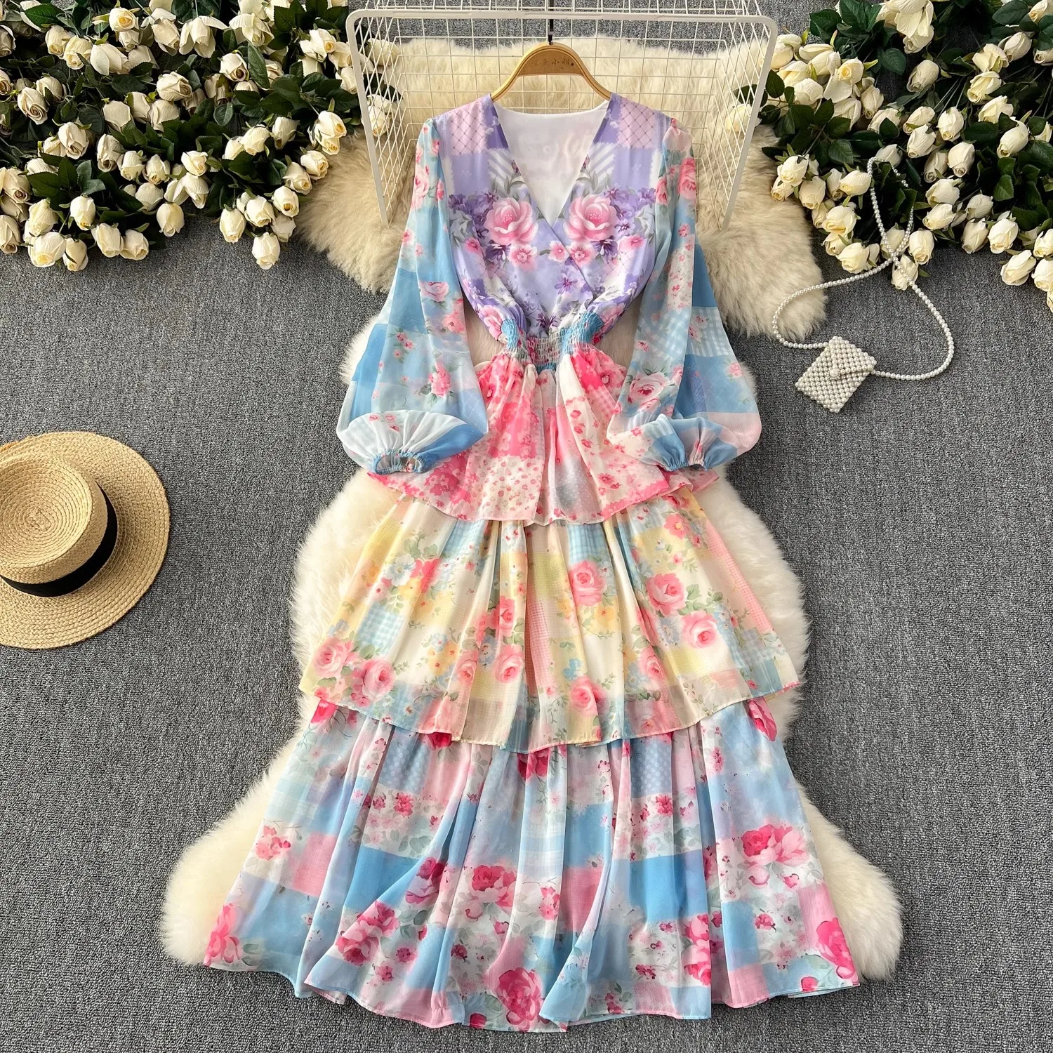 

New Fashion Summer Holiday Cascading Ruffles Dress Women's V-Neck Long Sleeve Floral Print Elastic High Waist Beach Vestido 2509