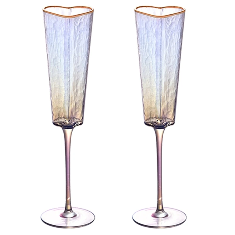 2Pcs Champagne Flute Unique Heart Pattern High Leg Glass Cup with Gold Border for Beverage Drinkware Enthusiasts Dropshipping