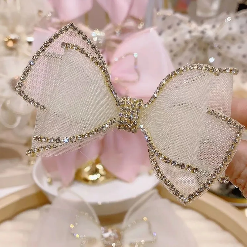 Korean Mesh Bow Rhinestone Hair Clips for Women Girls Elegant Hairpins Temperament Ponytail Clip Headdress Hair Accessories