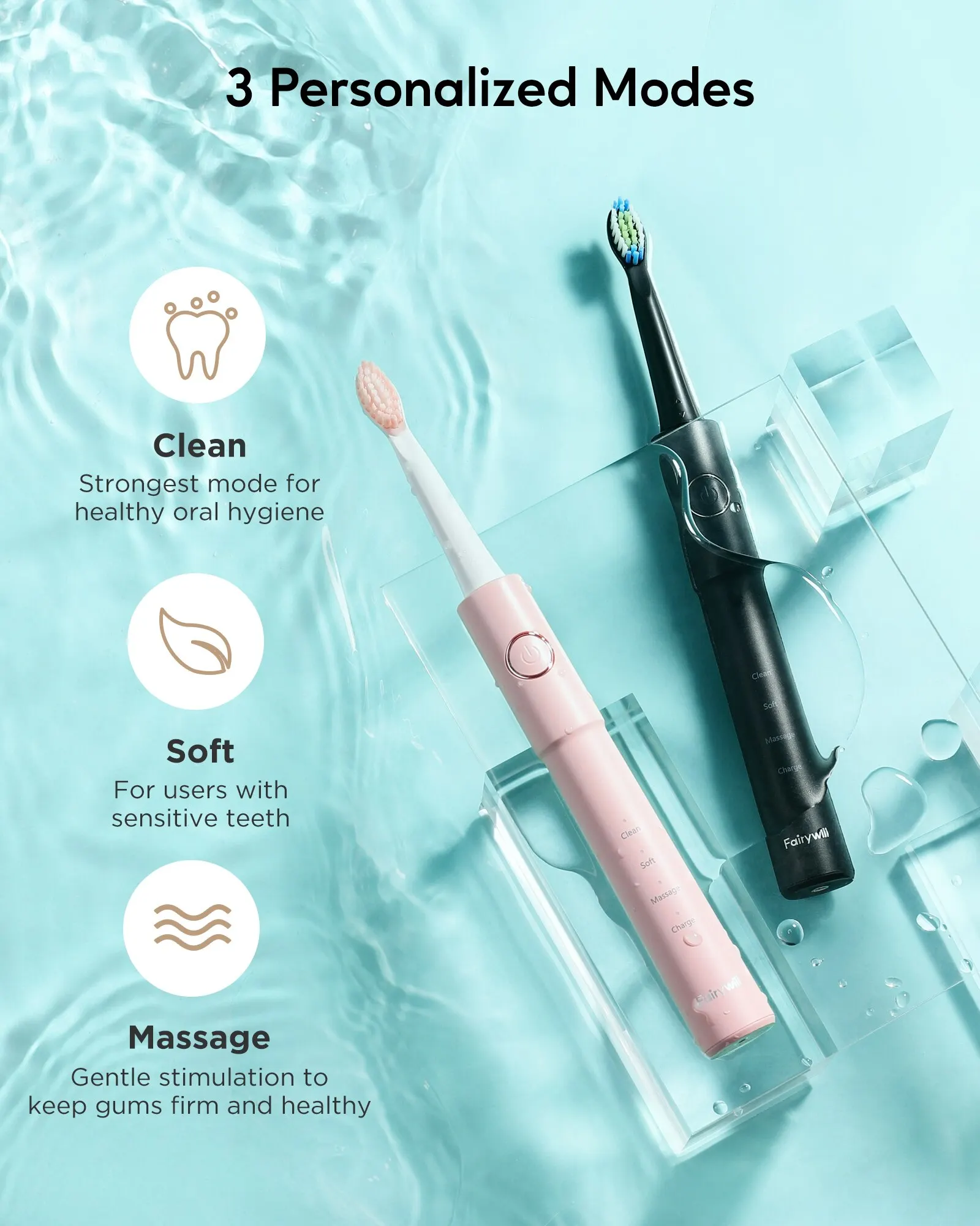 Fairywill Sonic Electric Toothbrush E11 Waterproof USB Charge With 8 Brush Replacement Heads Black and Pink Set for Couple