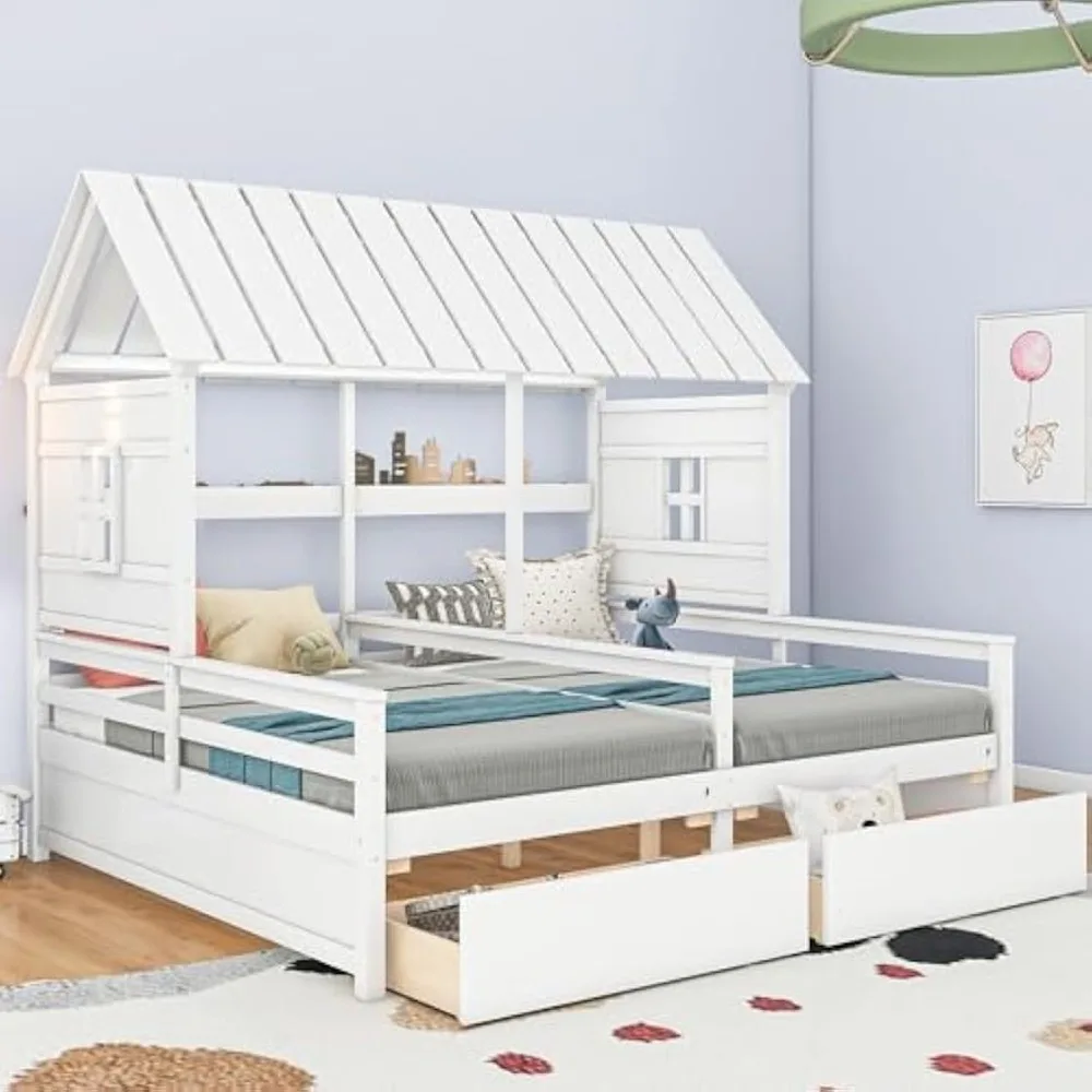 Twin Size House Platform Beds with Two Drawers for Boy and Girl Shared Beds, Combination of 2 Side by Side Twin Size Beds