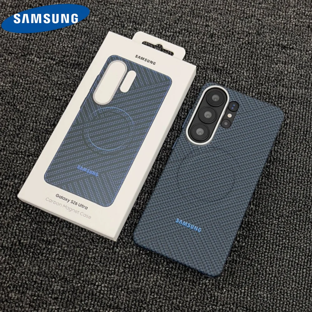 Coque magnétique fine en texture carbone pour chargement sans fil MagSafe pour Samsung S26 S25 S24 Ultra, avec protection d'objectif en alliage PC rigide et dos fin