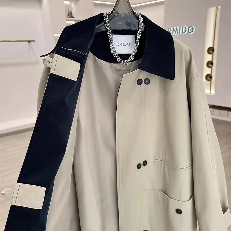 Giacca a vento con fibbia monopetto in colore a contrasto con giunture coreane, da donna, 2025, nuovo, trench lungo casual primaverile autunnale,