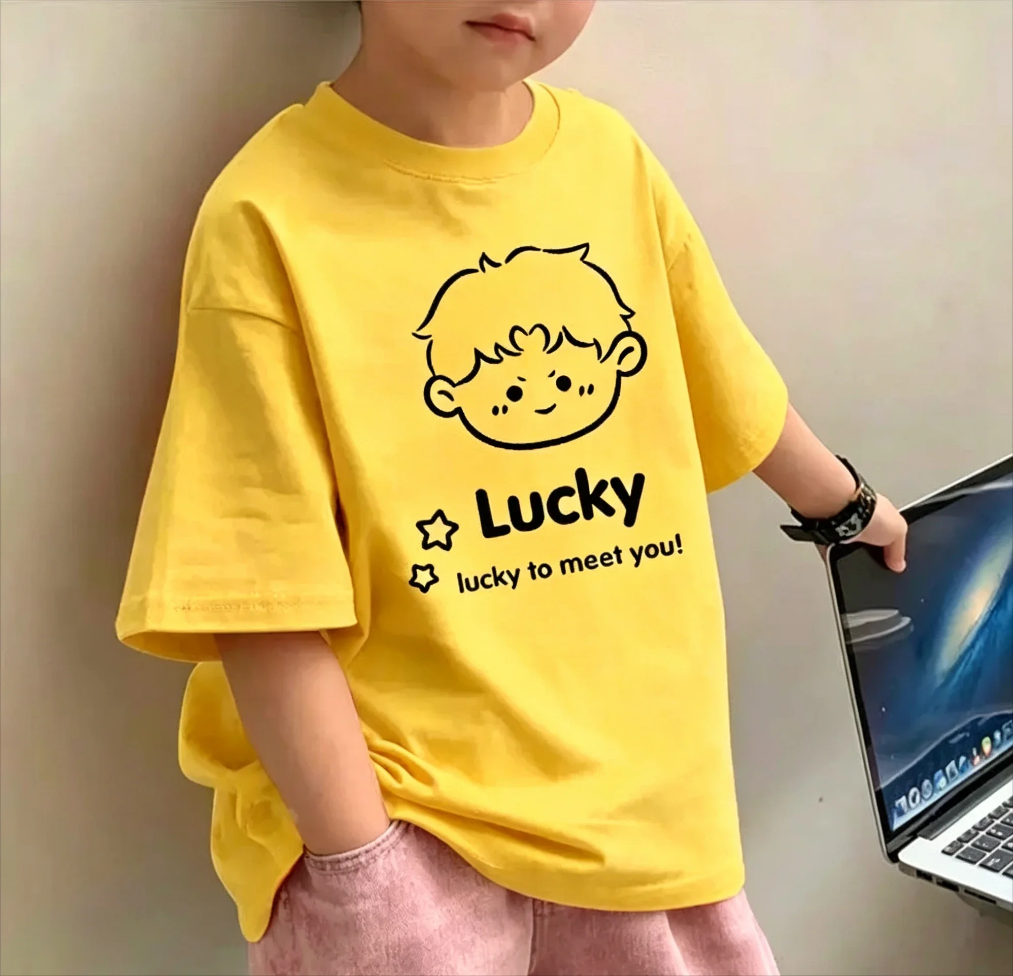 Summer Children's Lucky Printed Pure Cotton T-shirt Short Sleeve Loose Fit Versatile Family Fashion Half Sleeve T-shirt