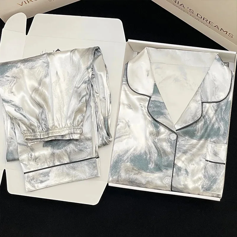 Pajamas Women's Satin Long-sleeved Pajamas Pajamas Suit Flower Printed High-grade Ice Silk Can Be Worn Outside Home Wear Pajamas