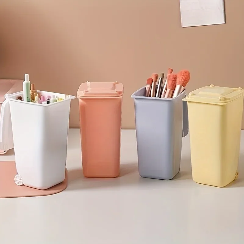 1pc Desktop Small Trash Can Pen Holder Cute Cartoon Small With Lid Desk Creative Desk Paper Basket Household Storage Bucket