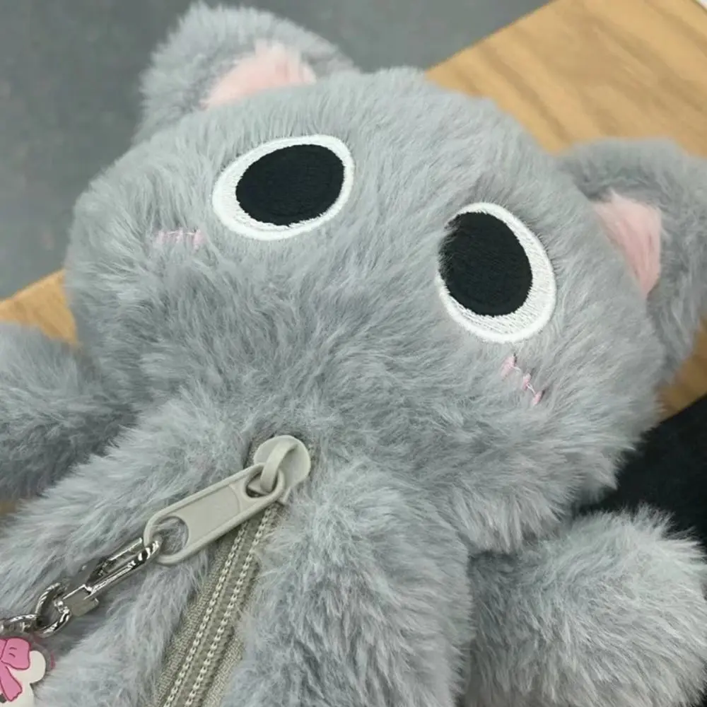 Plush Gray Cat Pencil Bag Thicken Zipper Cute Kitten Pencil Case Kawaii Cartoon Animal Kitten Stationery Bag Children