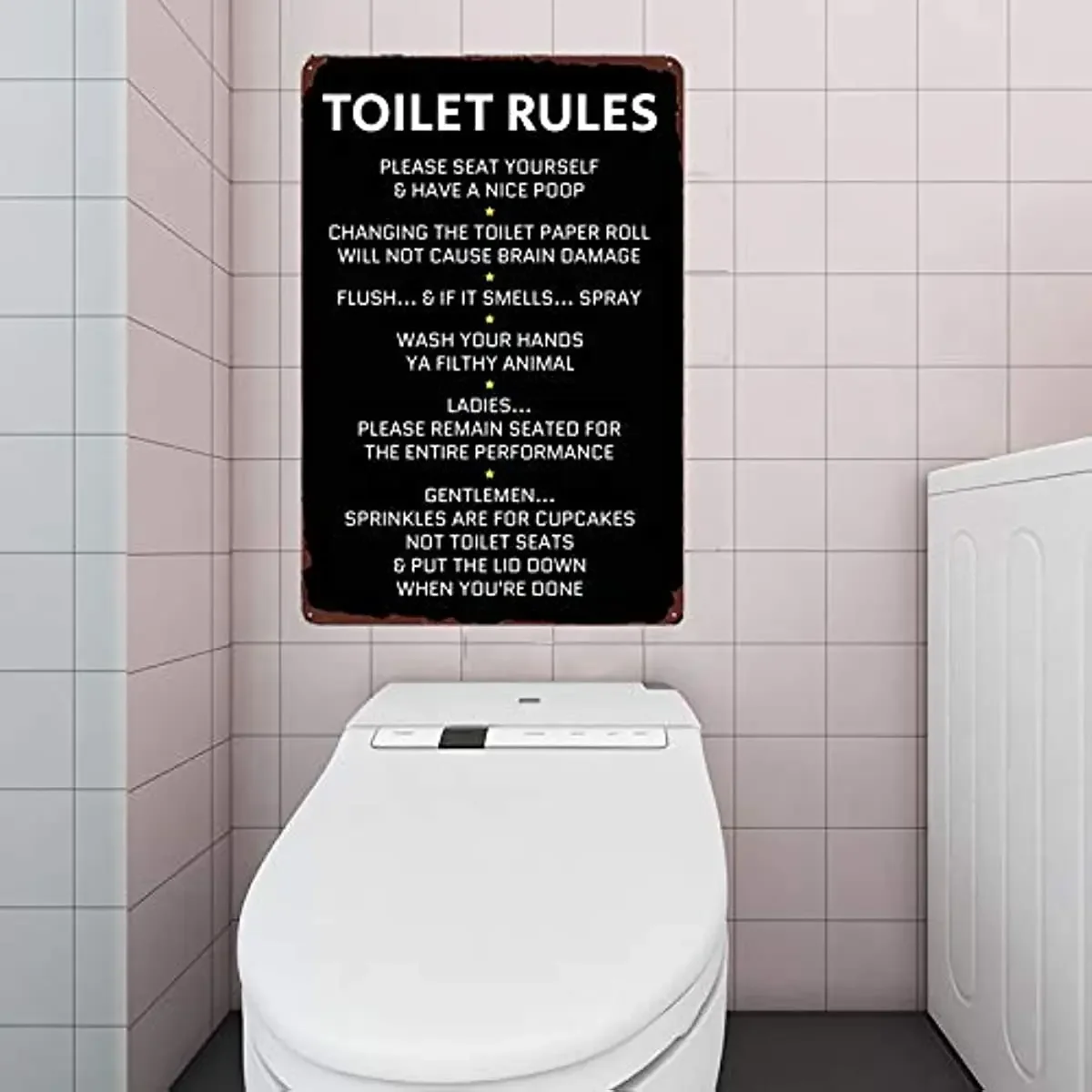 Toilet Rules Vintage Metal Sign Funny Bathroom Decor-Nice Poop-Wash Your Hands Ya Filthy Animal 12x8 inches