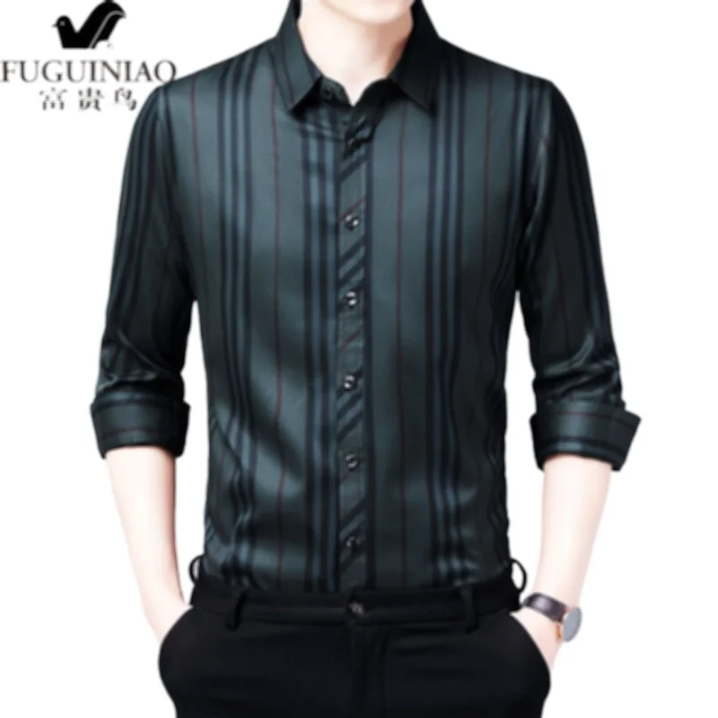 and Spring autumn new men's long-sleeved shirt, middle-aged fashion casual striped shirt