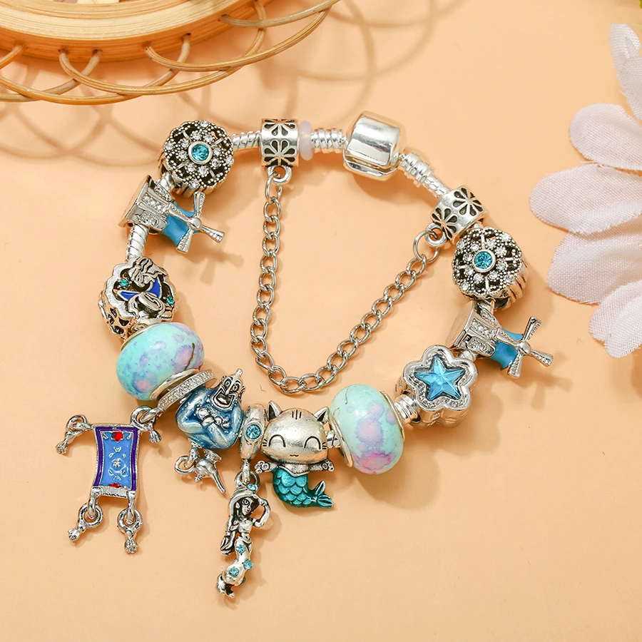 Seialoy Blue Ocean Beads Windmill Charm Bracelets For Women Men DIY Silver Color Star Bead Bracelet & Bangle Jewelry