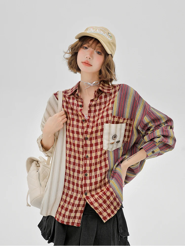 

Oversized Plaid Patchwork Blouses Vintage Streetwear Boyfriend Shirt For Ladies Ulzzang Harajuku Long Sleeve 2022 Blusas Tops