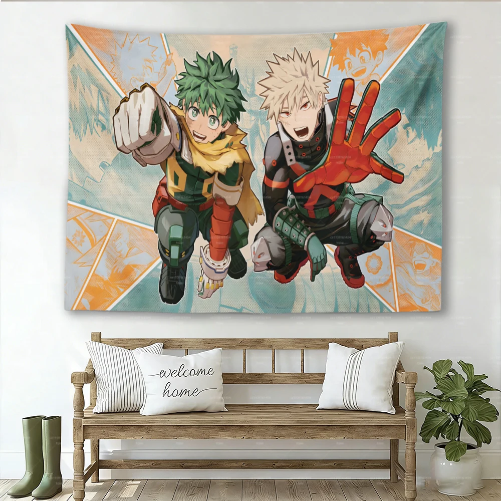 My Hero Academia Anime Tapestry, Deku & Bakugo Dynamic Character Print Wall Hanging, Manga Panel Background Wall Cloth for Bedro