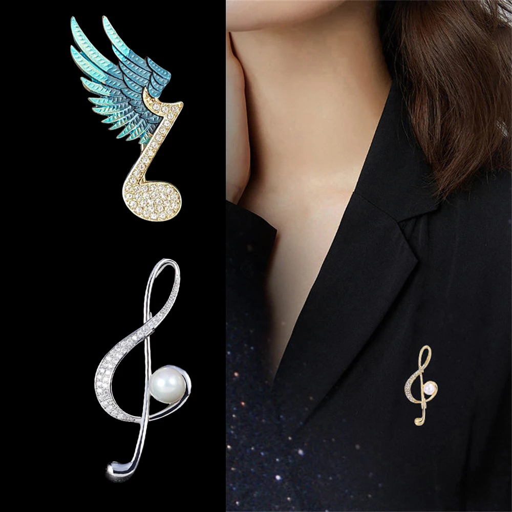 Vintage Musical Symbol Wings Brooches Trendy Rhinestone Peal Music Note Lapel Pin Women Office Party Jewelry Clothing Accessory-image