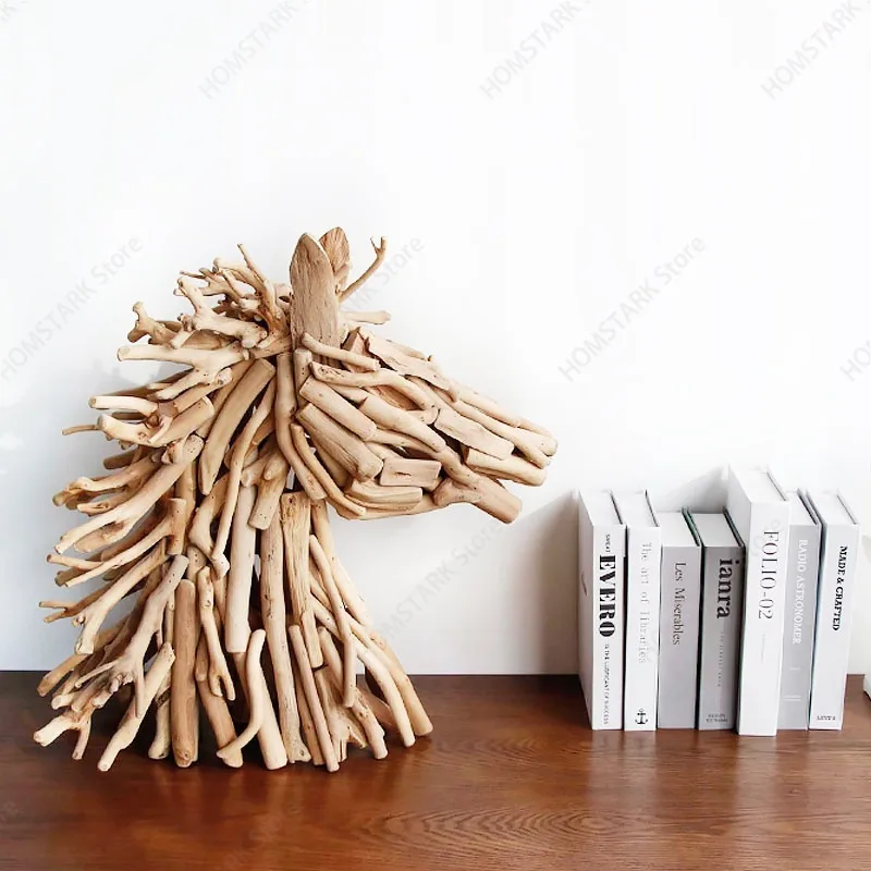 Drift‑Wood Handmade Horse‑Head Figurine, Nordic Solid‑Wood Desktop Ornament For Office Living Room Indoor Home Craft Spare Part