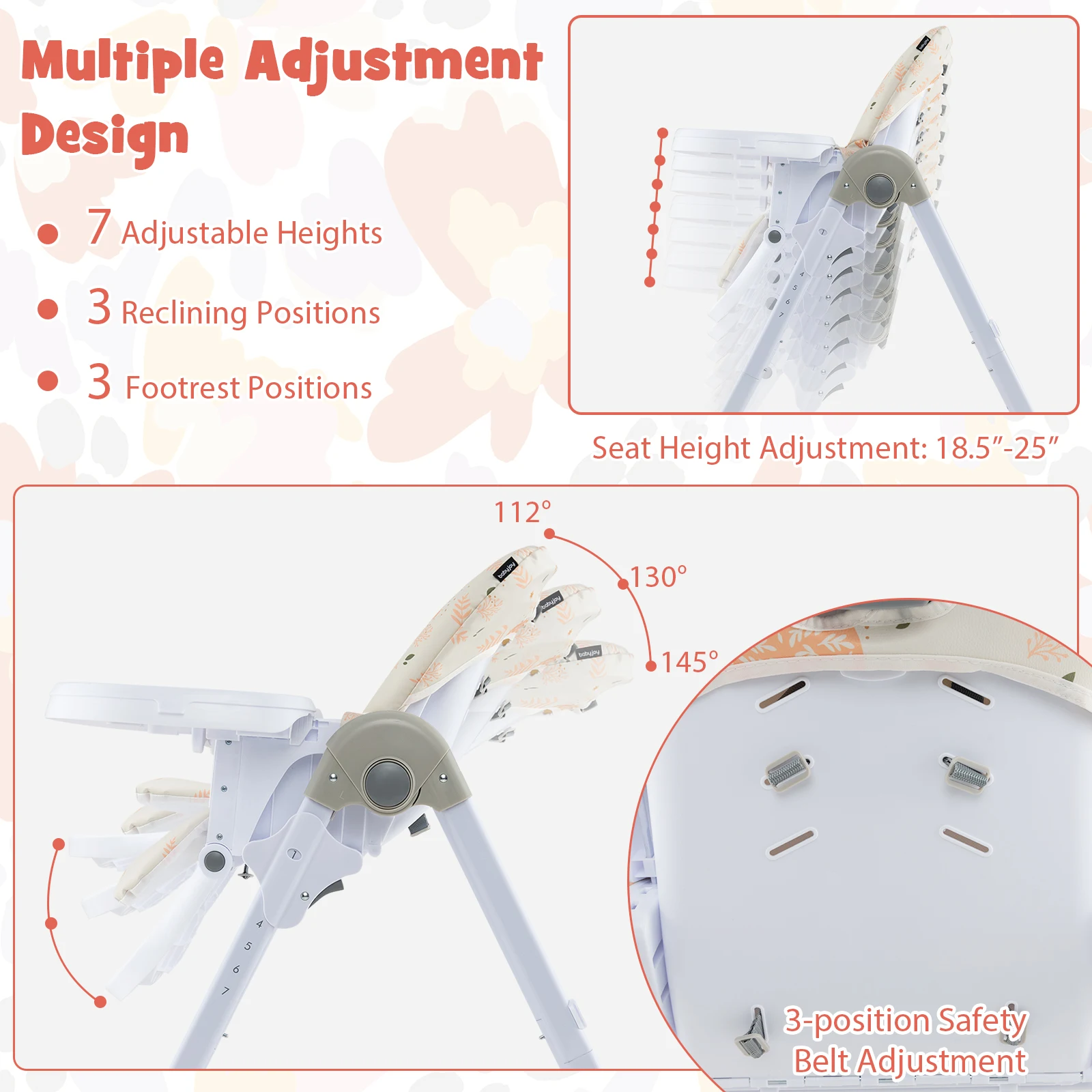 Silla alta para bebé con 7 alturas y 3 reposapiés, portavasos ajustable, 2 ruedas