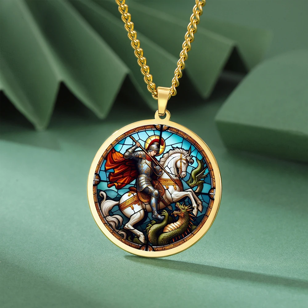 Dawapara Vintage Saint George Men Necklace Patron Protection Catholic Medal Christian Religious Gift Stainless Steel Jewelry