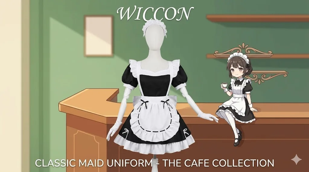 

Sua Maid Cosplay Full Set White Dress Microphone Headwear Short Wig Stylish Outfit For Halloween Party