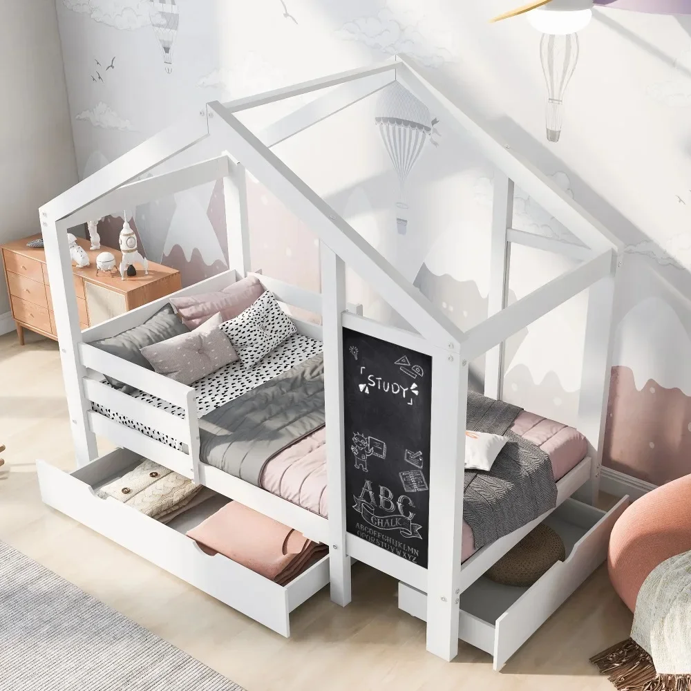 

Twin Size House Bed with Storage Drawers and Blackboard Playhouse Platform Bed with Guardrails and Wooden Slats Twin House Beds