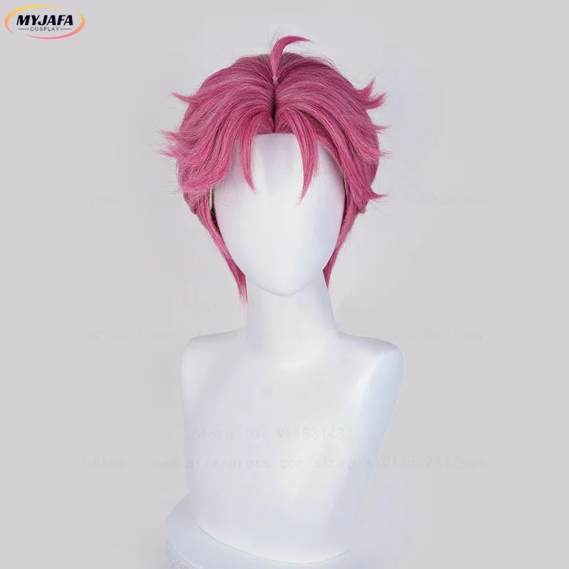 High Quality Abby Cosplay Wig Demo Boys Short Rose Pink Central Parting Scalp Heat Resistant Synthetic Hair Anime Wigs + Wig Cap