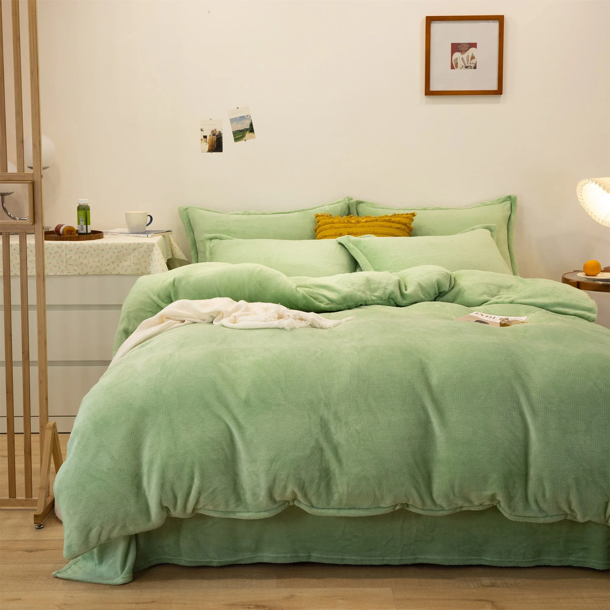 150/180/200CM Light Green Coral Velvet Bed Sheet Duvet Cover Pillowcase Four-piece Winter Autumn Bedding Set M045-1