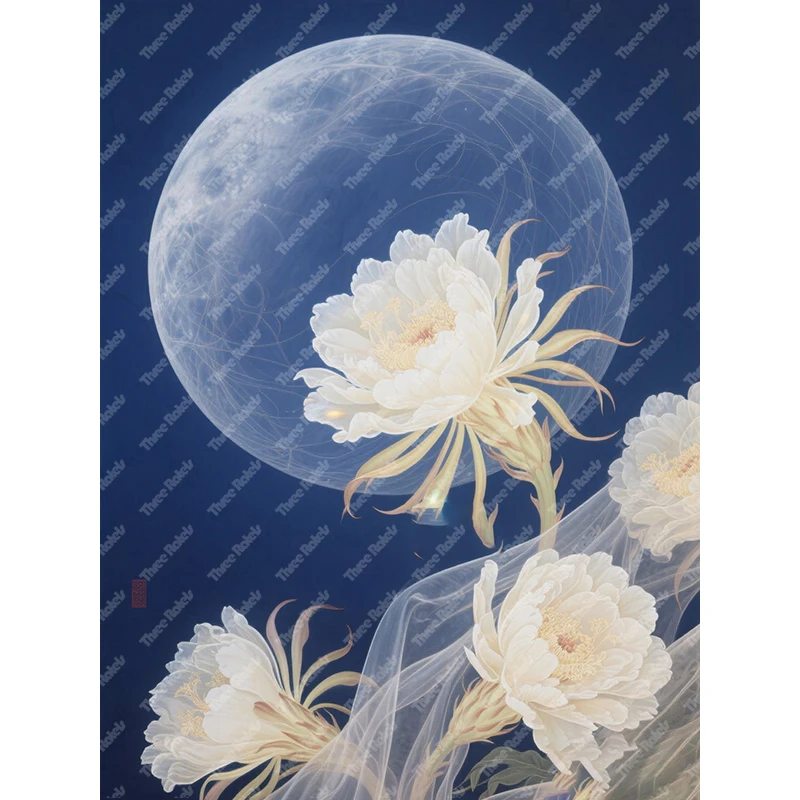 Three Ratels QHH38 Mysterious beautiful Epiphyllum oxypetalum under the moon art Wall stickers for home decoration