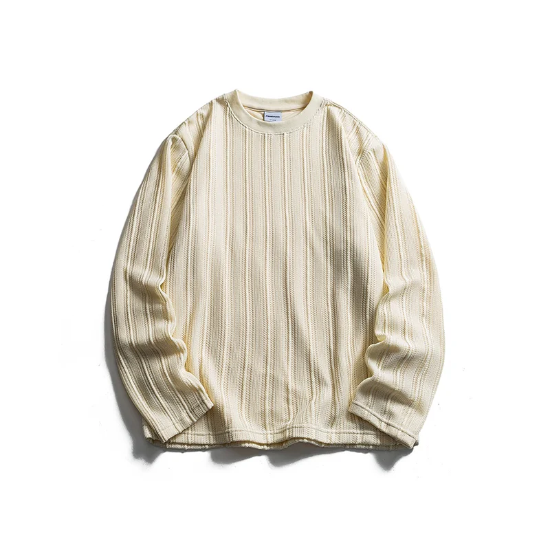 

American Trendy Hollowed Round Neck Sweatshirt Men Autumn New Knitted Pullover Tops Vertical Stripe Loose Long Sleeved T-shirt