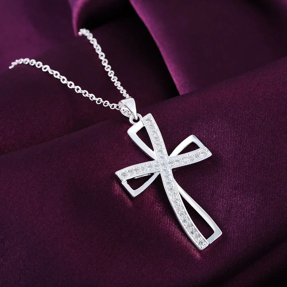 

Promotions 925 Silver Necklace Charm for Women Cyrstal Cross Pendant Chain Jewelry Fashion Cute Wedding Party