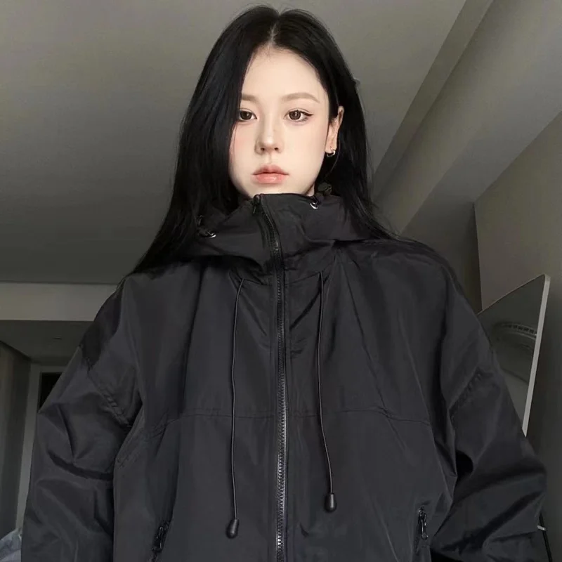 Y2K Green Windbreaker Jacket Women Oversized Hip Hop Black Top Waterproof Hooded Coat Harajuku Outerwear Coat Women Streetwear