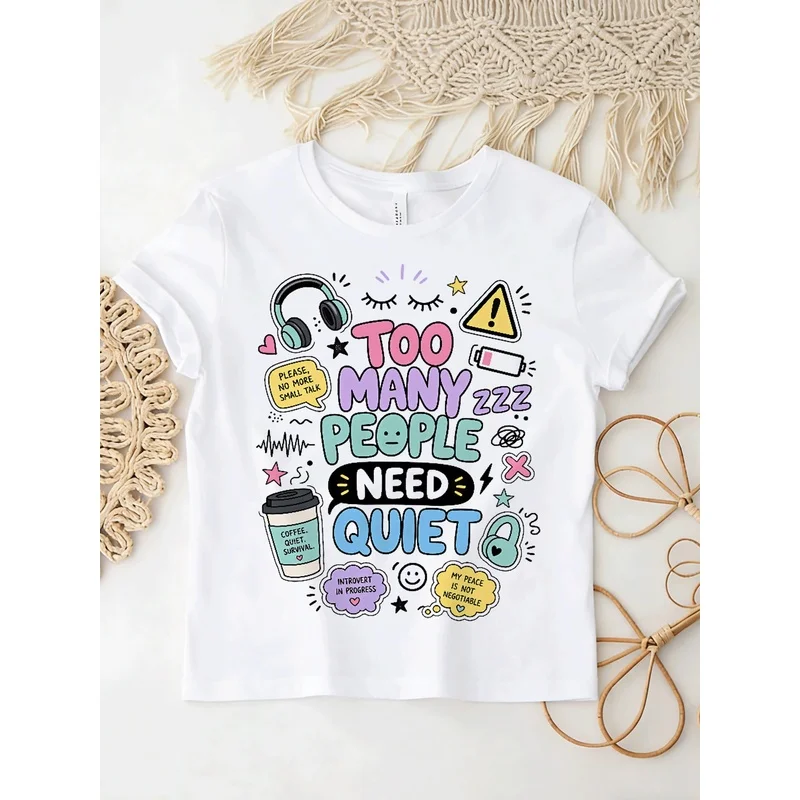 Too Many People Need Quiet Introvert Doodle Graphic T Shirt Coffee Headphone Cartoon Sticker Print Short Sleeve Tee
