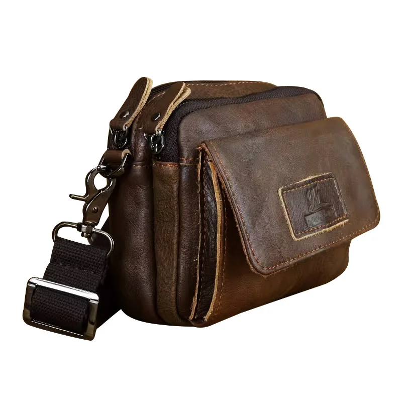 

Ultra Small Leather Waist Bag For Men's Top Layer Cowhide Waist Bag Mobile Phone ID Card Hanging Bag Multi Clip Layered Crossb