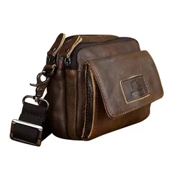 Ultra Small Leather Waist Bag For Men's Top Layer Cowhide Waist Bag Mobile Phone ID Card Hanging Bag Multi Clip Layered Crossb