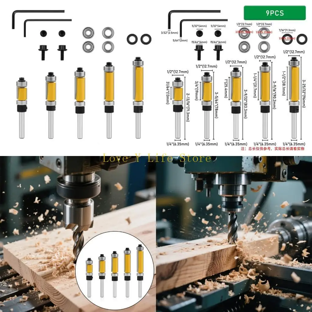 L74C 5/15Pcs Woodworking Bearing Trimming Cutter Set 14inch Shank Steel Engraving