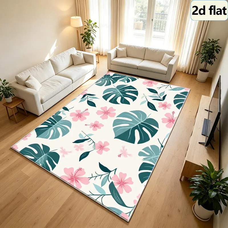 Pink Hibiscus Flower and Monstera Leaf Pattern Tropical Rug, Square Rug, Non-Slip and Washable, Suitable for Entryway, Bedroom, Home Decor