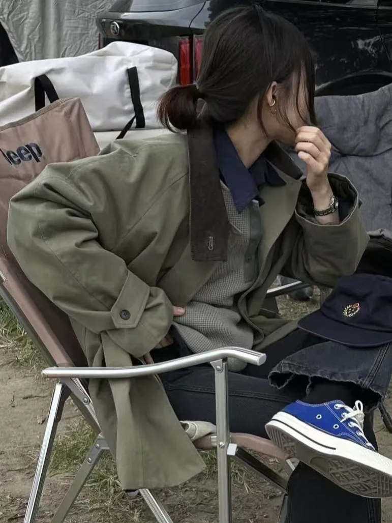 

Retro Korean Sle Women's Casual Loose Color Blo Collar Coat Autumn Winter New England Sle Splicing Matching Windbreaker